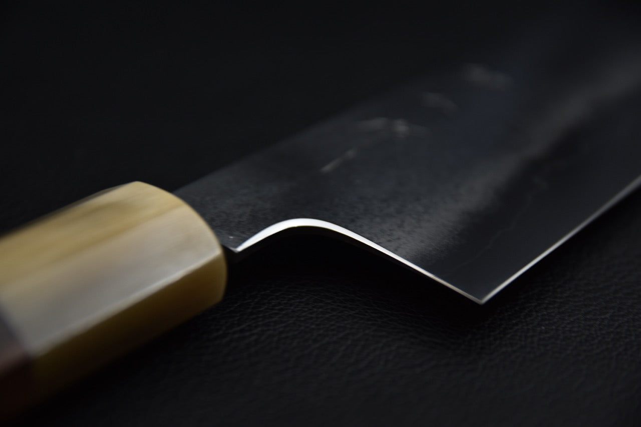 Tetsujin kiritsuke 240 mm — vue du talon et de la virole, jonction lame et manche, couteau japonais
