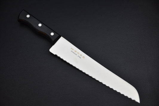 Couteau à pain 210 mm en acier inoxydable — vue d'ensemble, lame crantée et manche pakka noir