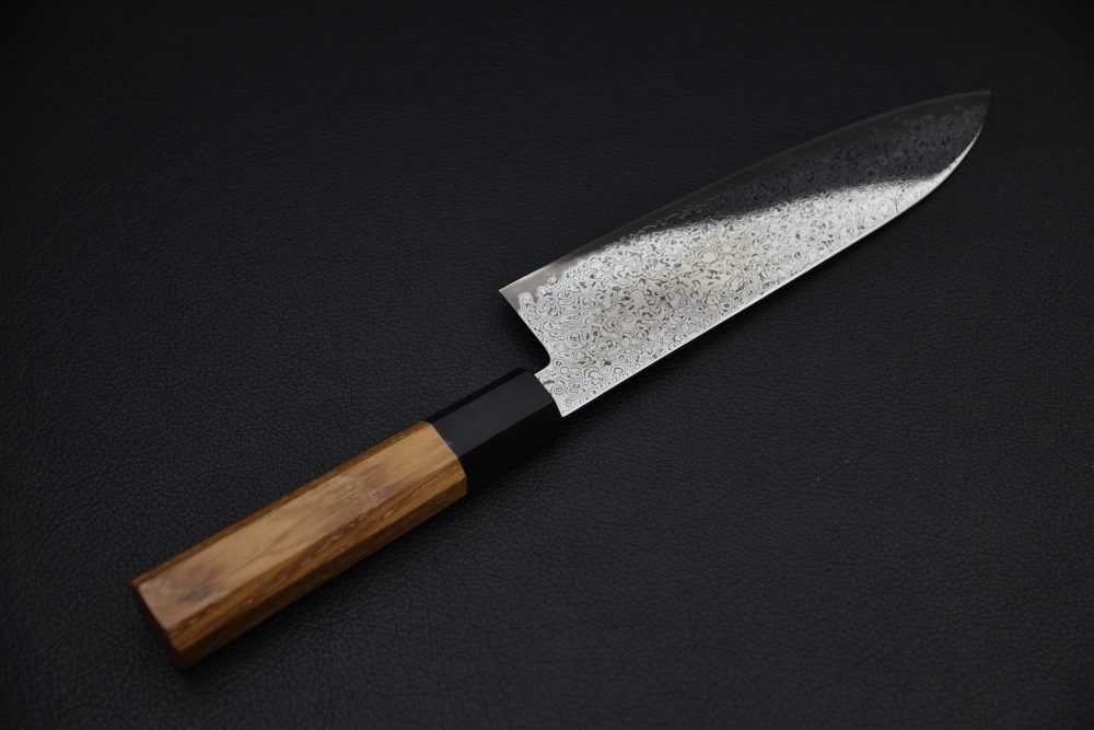 Hatsukokoro Sunaarashi VG10 Kurozome Nickel Damascus Santoku 180mm Teak