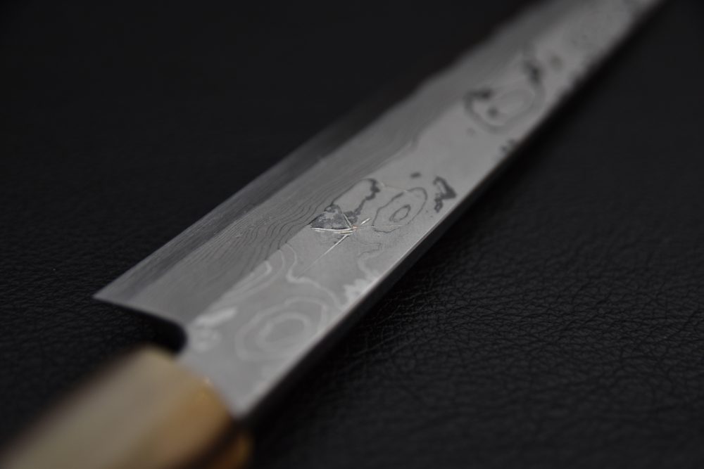 Hitohira Tanaka Manzo Aogami #1 Damascus Left-Handed Yanagiba 300mm Ebony