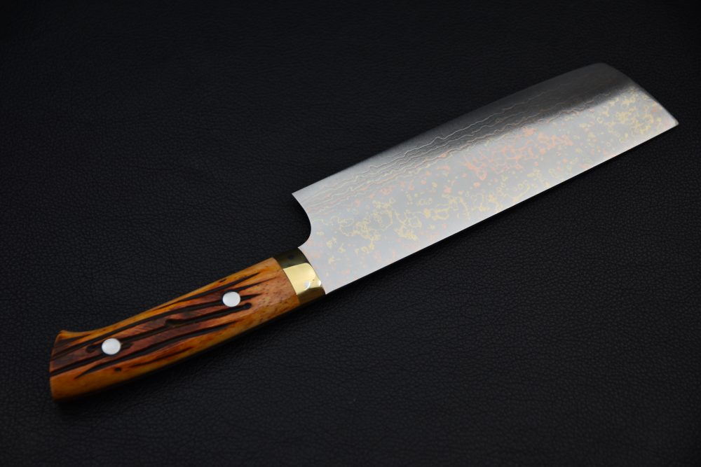 Saji Hamono VG10 Rainbow Damascus Nakiri 180mm Corne De Vache