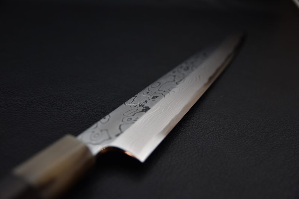Hitohira Togashi Shirogami #1 Damascus Yanagiba 300mm Ebony