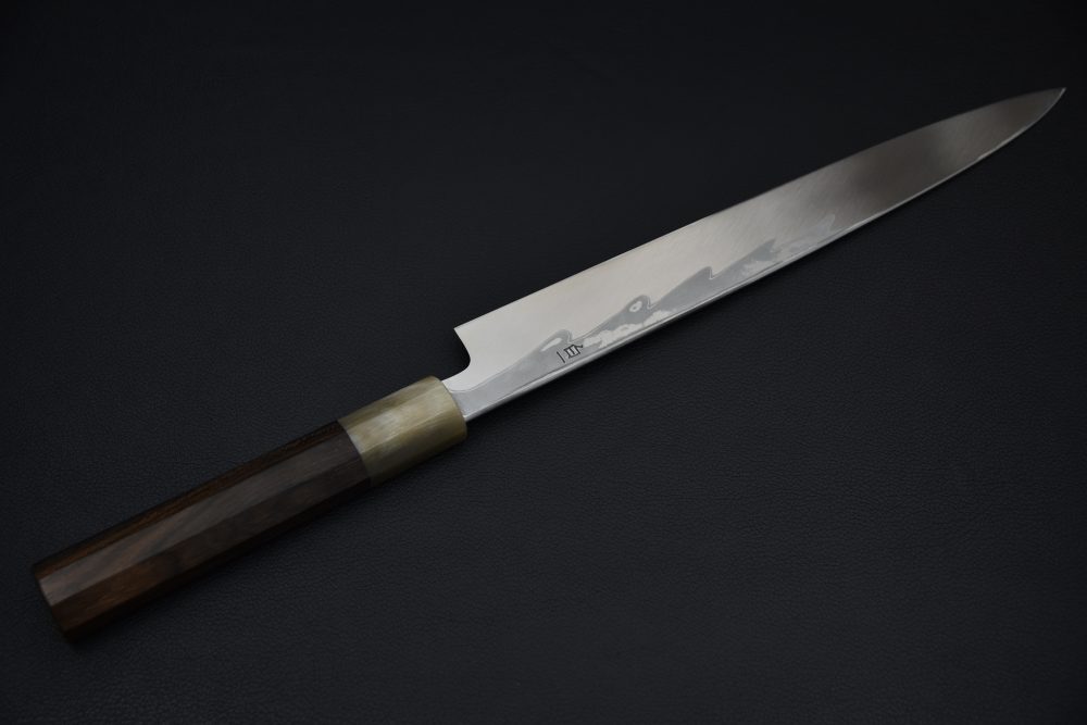 Hitohira Kikuchiyo Mosuke Enmon Shirogami #1 Yanagiba 270mm Ziricote (Mirror Polished/ Saya)