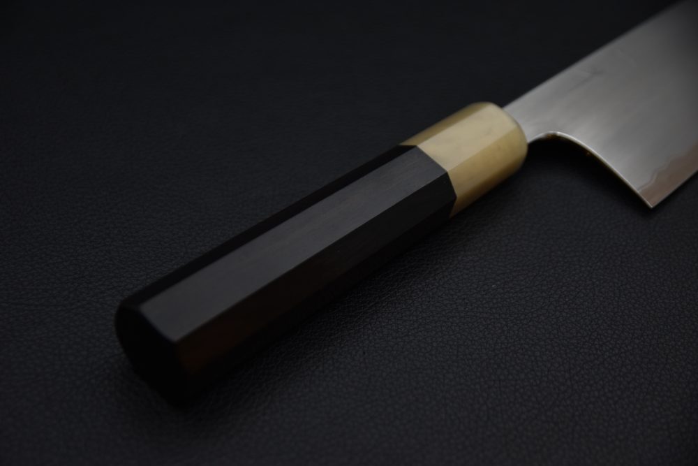 Hitohira Togashi Shirogami #1 Stainless Clad Kasumi Bunka 180mm Ebony