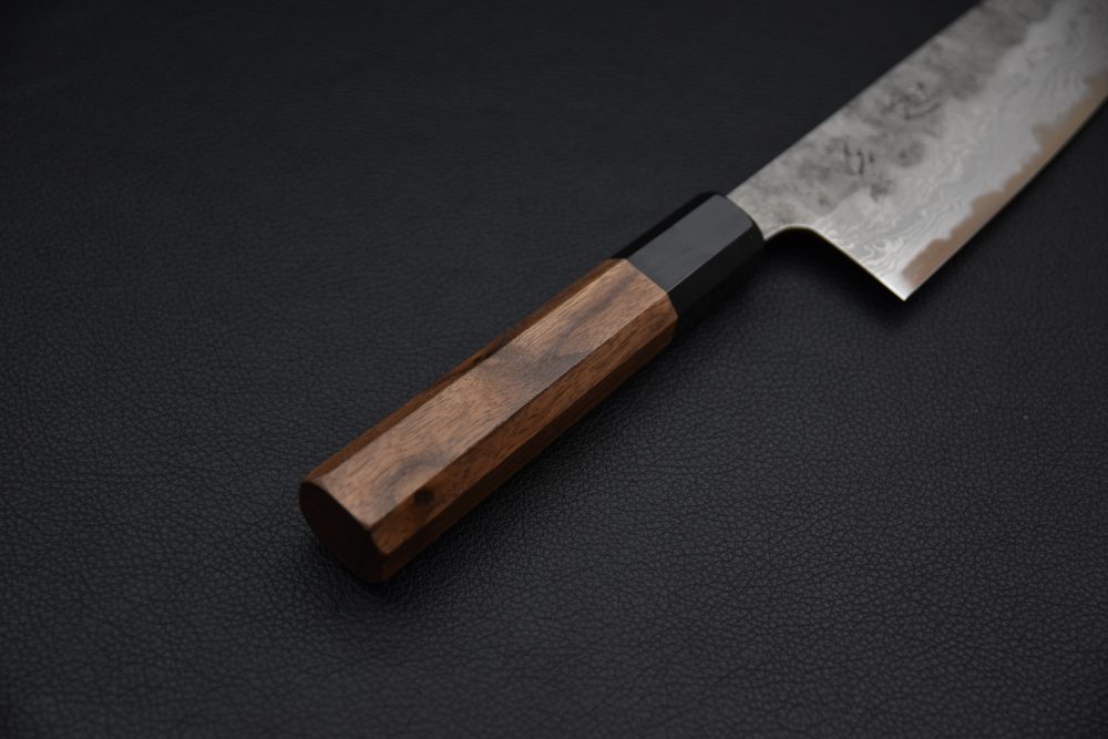 Hatsukokoro Inazuma Aogami Super Damascus Kurouchi Santoku 170mm Noyer