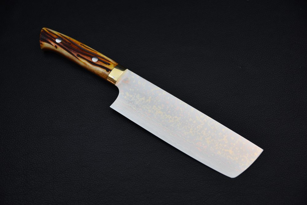 Saji Hamono VG10 Rainbow Damascus Nakiri 180mm Corne De Vache