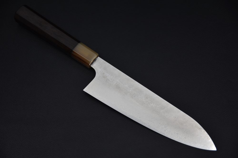 Hatsukokoro Ginyo Ginsan Tsuchime Damascus Santoku 180mm Ebony