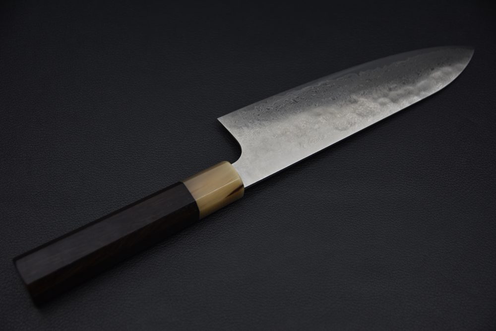 Hatsukokoro Ginyo Ginsan Tsuchime Damascus Santoku 180mm Ebony
