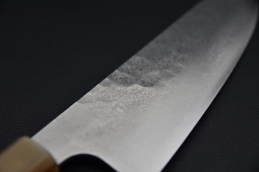 Hatsukokoro Ginyo Ginsan Tsuchime Damascus Santoku 180mm Ebony