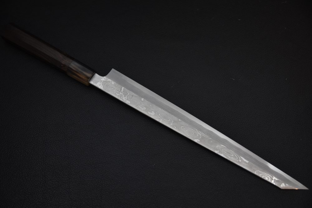 Hitohira Tanaka Manzo Aogami #1 Damascus Left-Handed Kiritsuke Yanagiba 300mm Ebony