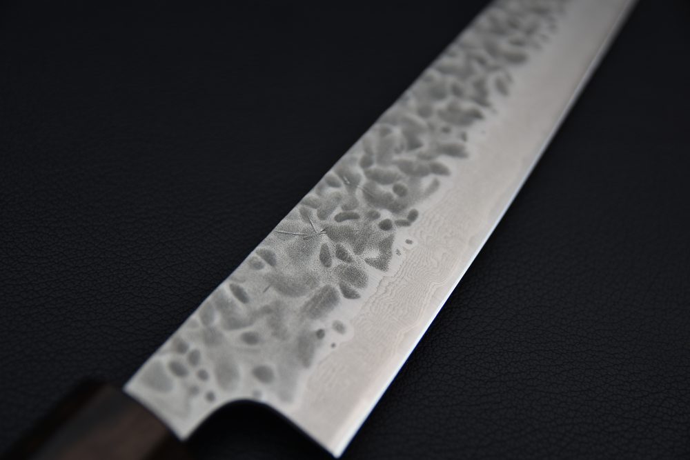 Hitohira Futana Stainless Tsuchime Damascus Sujihiki 240mm Cerisier