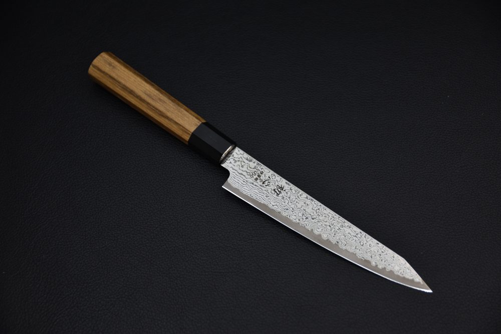 Hatsukokoro Sunaarashi VG10 Kurozome Nickel Damascus Kiritsuke Petty 150mm Teak