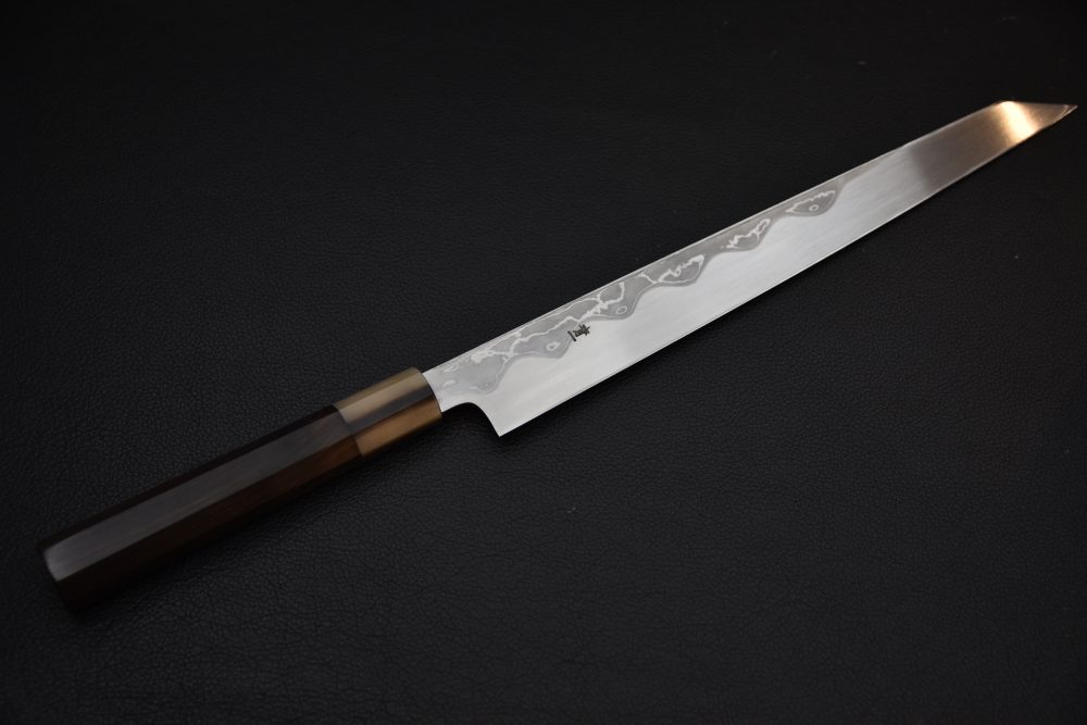 Hitohira Tanaka Manzo Aogami #1 Damascus Left-Handed Kiritsuke Yanagiba 300mm Ebony