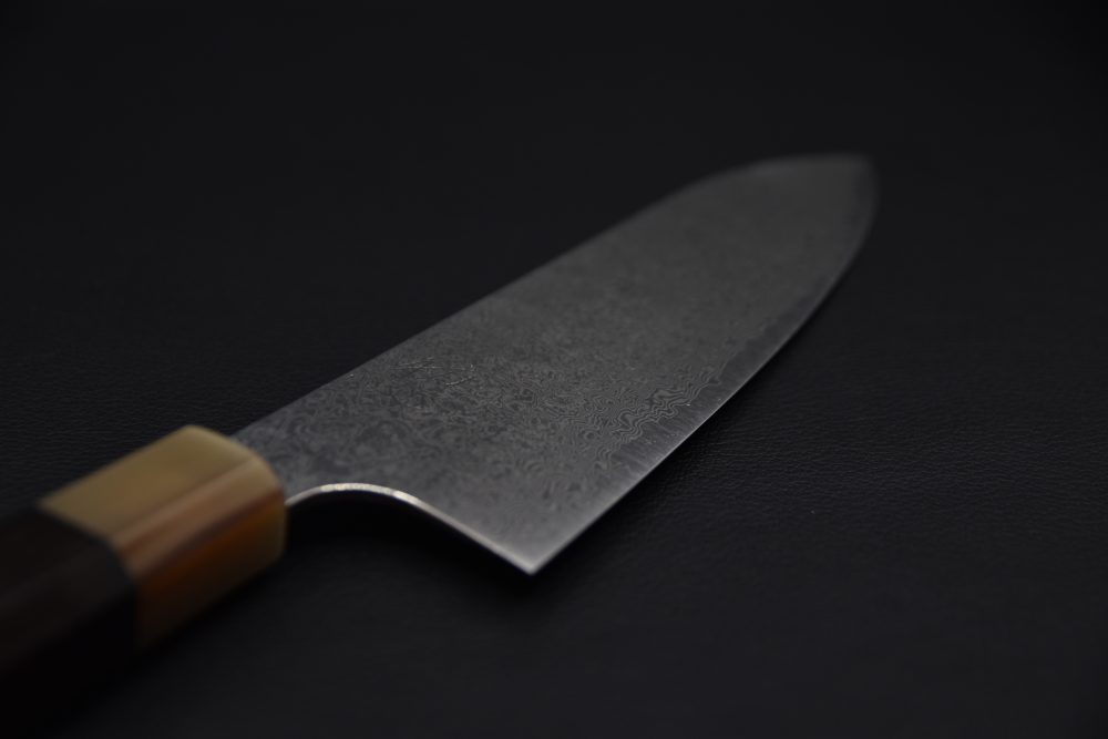 Hatsukokoro Ginyo Ginsan Tsuchime Damascus Santoku 180mm Ebony