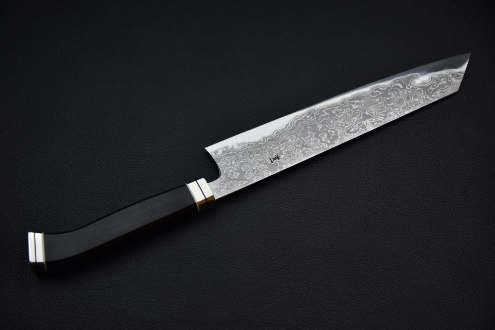 Hitohira Tanaka Kyuzo Aogami #1 Damascus Kiritsuke Gyuto 240mm Ébène Fusion