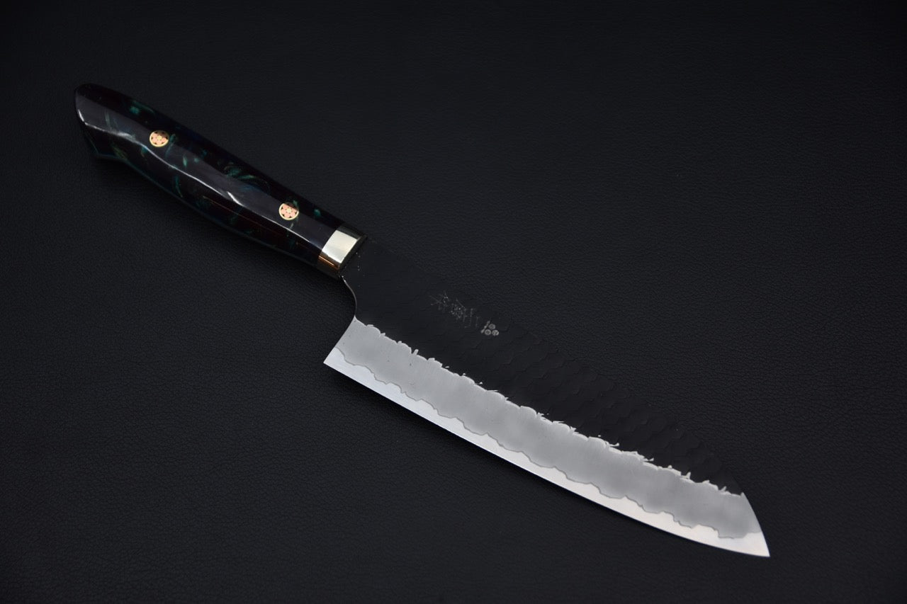 Nigara SG2 Kurouchi Tsuchime Santoku180mm Acrylique Or-Émeraude