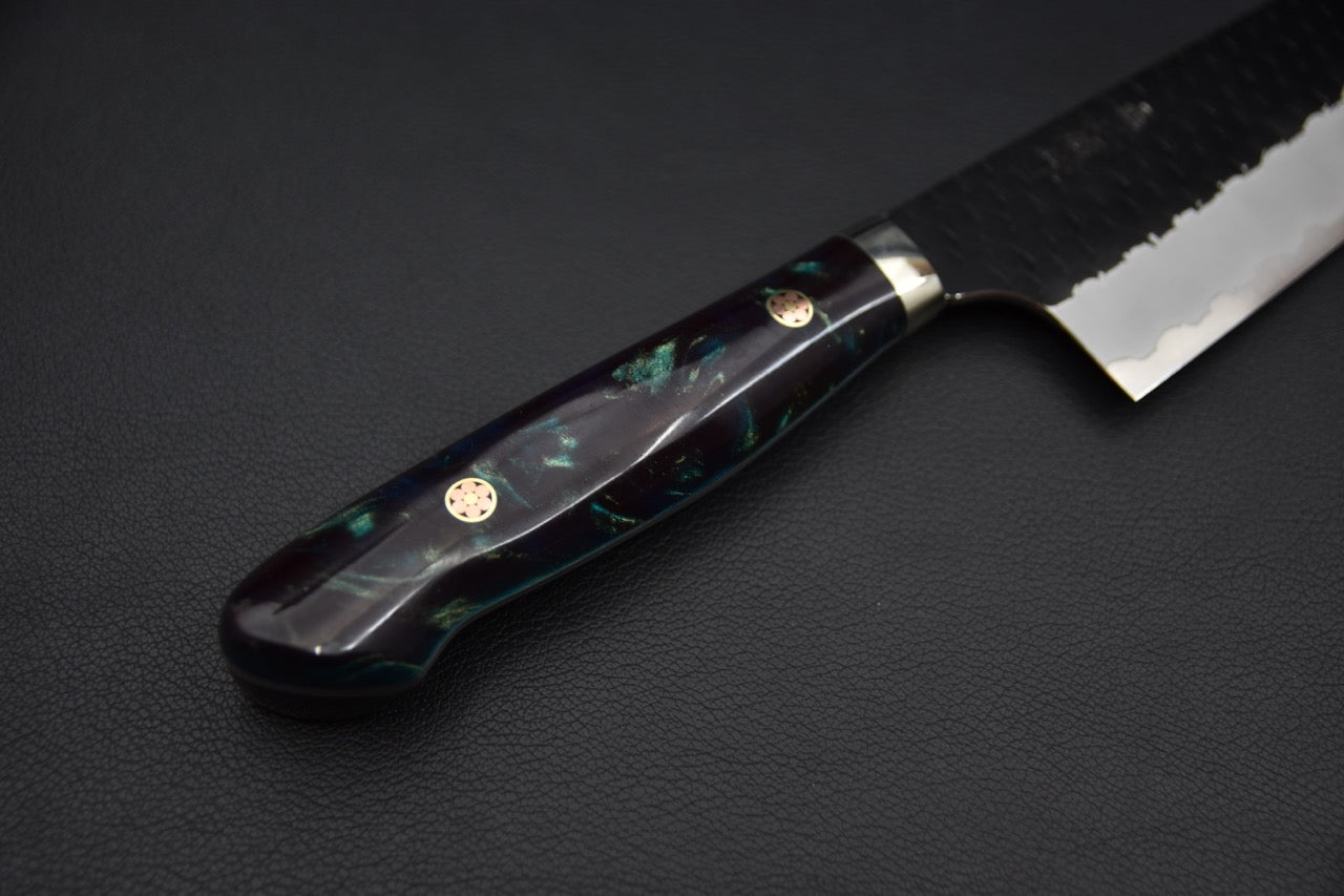 Nigara SG2 Kurouchi Tsuchime Santoku180mm Acrylique Or-Émeraude