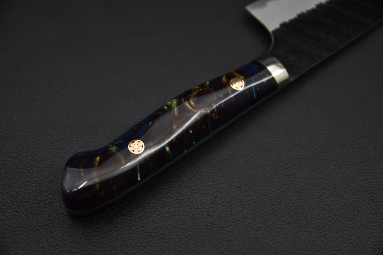 Nigara SG2 Kurouchi Tsuchime Santoku180mm Acrylique Or-Émeraude