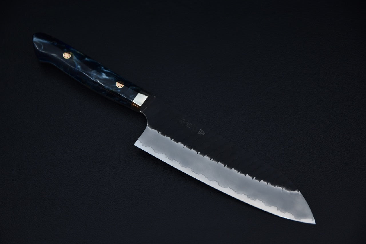 Nigara SG2 Kurouchi Tsuchime Santoku 180mm Acrylique Brume bleue