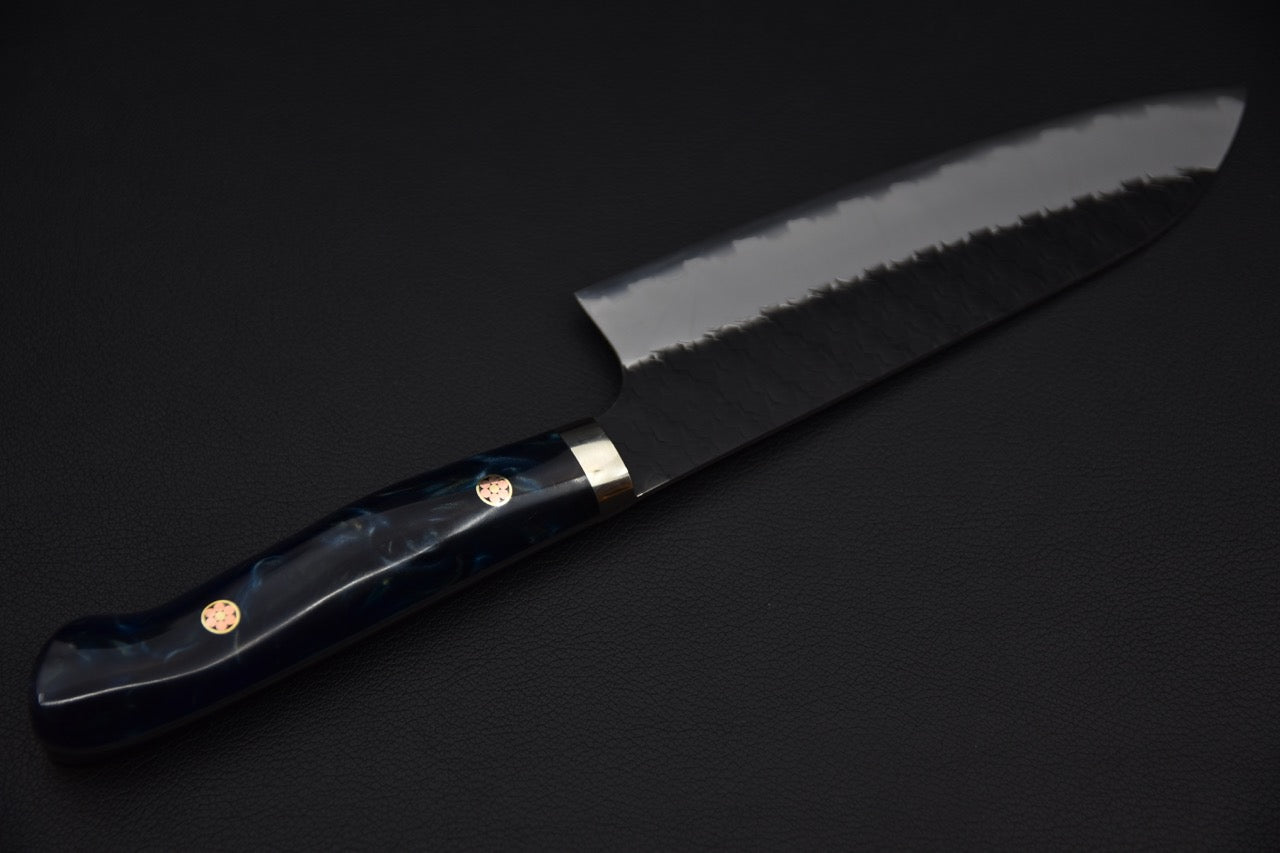 Nigara SG2 Kurouchi Tsuchime Santoku 180mm Acrylique Brume bleue