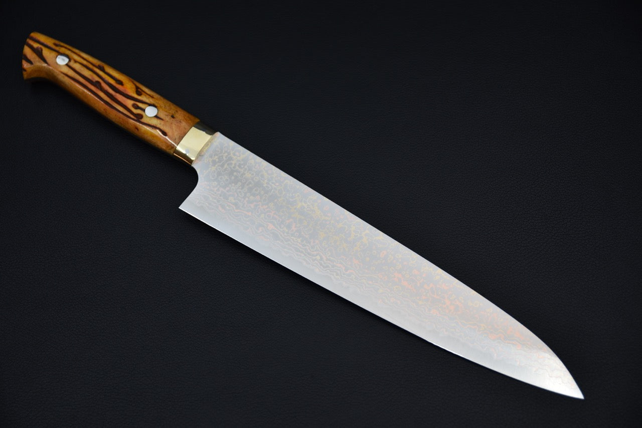 Saji Hamono VG-10 Rainbow Damascus Gyuto 240mm Corne de vache
