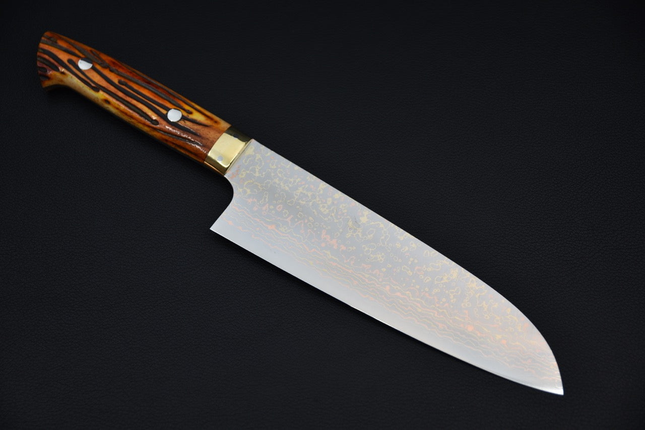 Saji Hamono VG-10 Rainbow Damascus Santoku 180mm Cow Horn