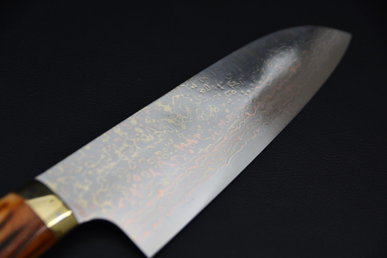 Saji Hamono VG-10 Rainbow Damascus Santoku 180mm Cow Horn